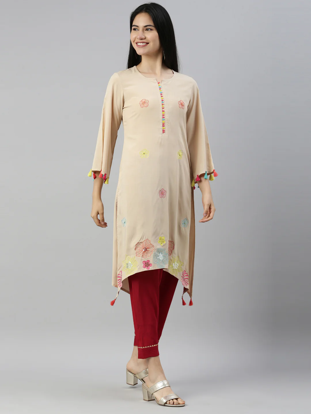 Neerus Cream Color Rayon Fabric Kurta - Image 4