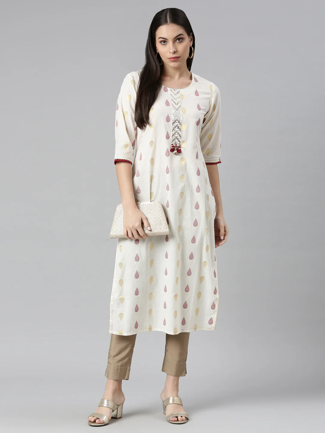 Neerus Cream Color Rayon Fabric Kurta - Image 5