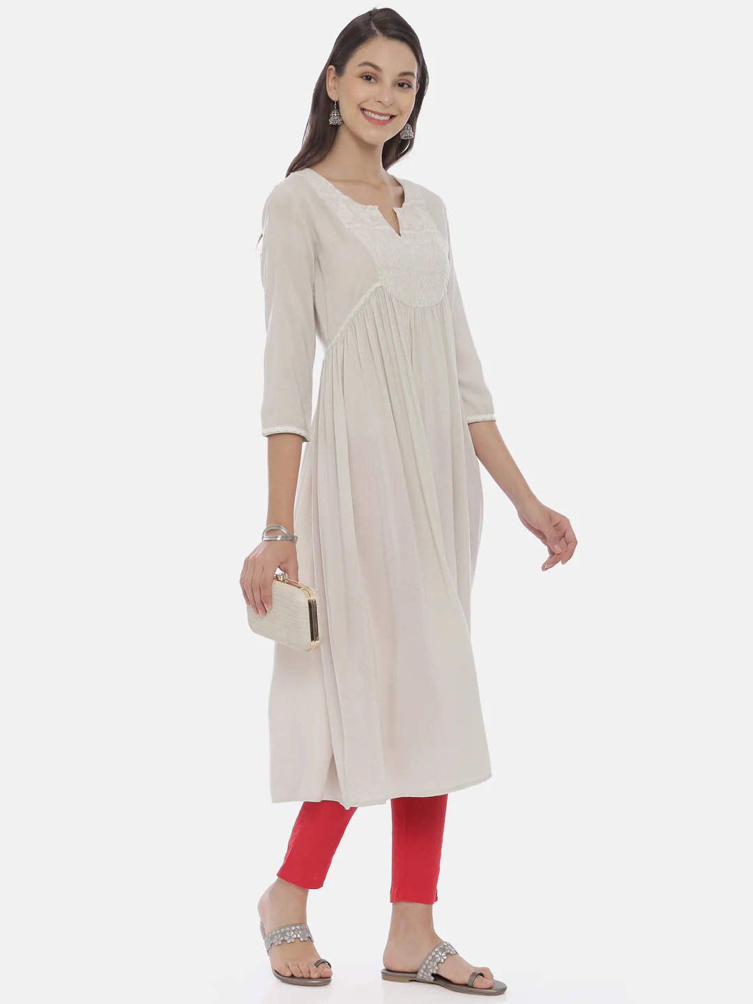 Neerus Cream Color Rayon Fabric Tunic - Image 4