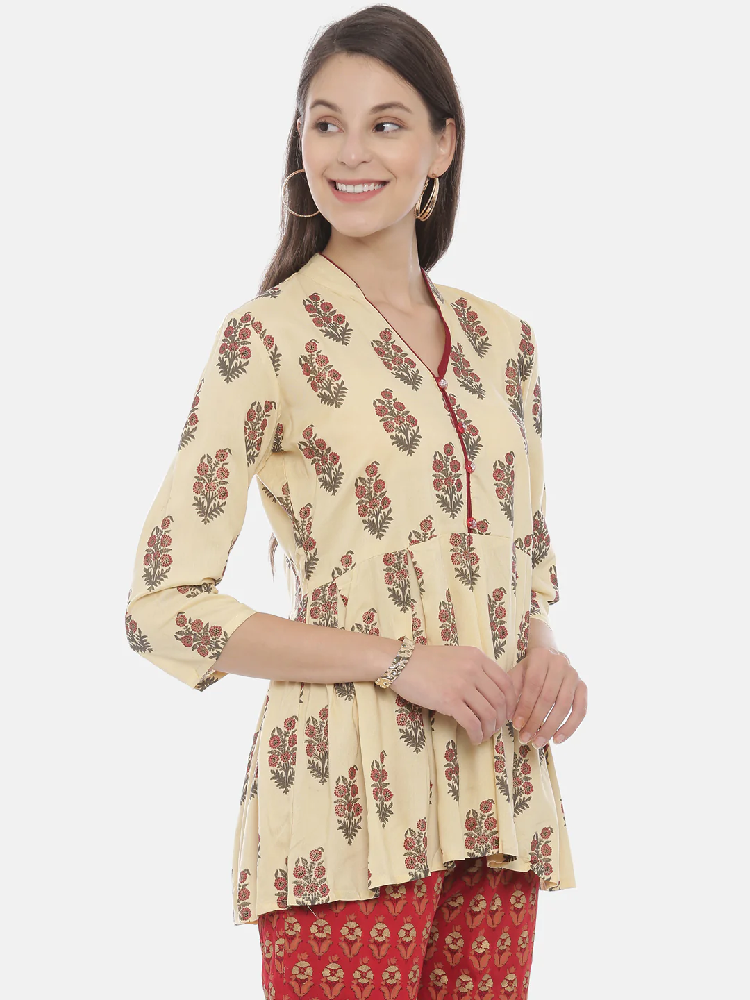 Neerus Cream Color Rayon Fabric Tunic - Image 4