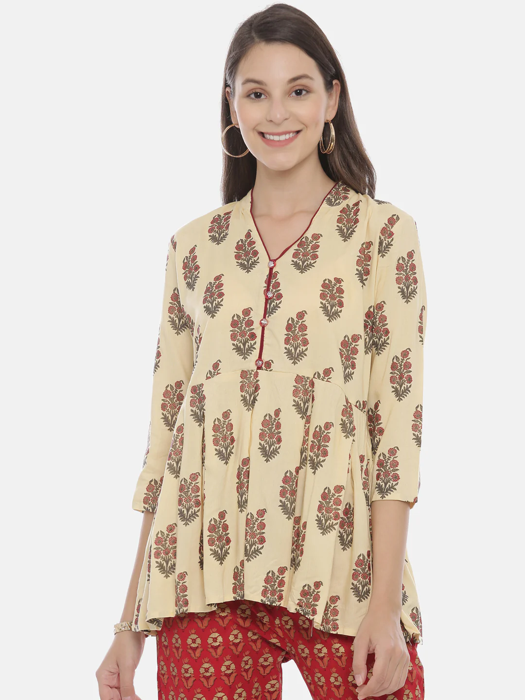 Neerus Cream Color Rayon Fabric Tunic - Image 6