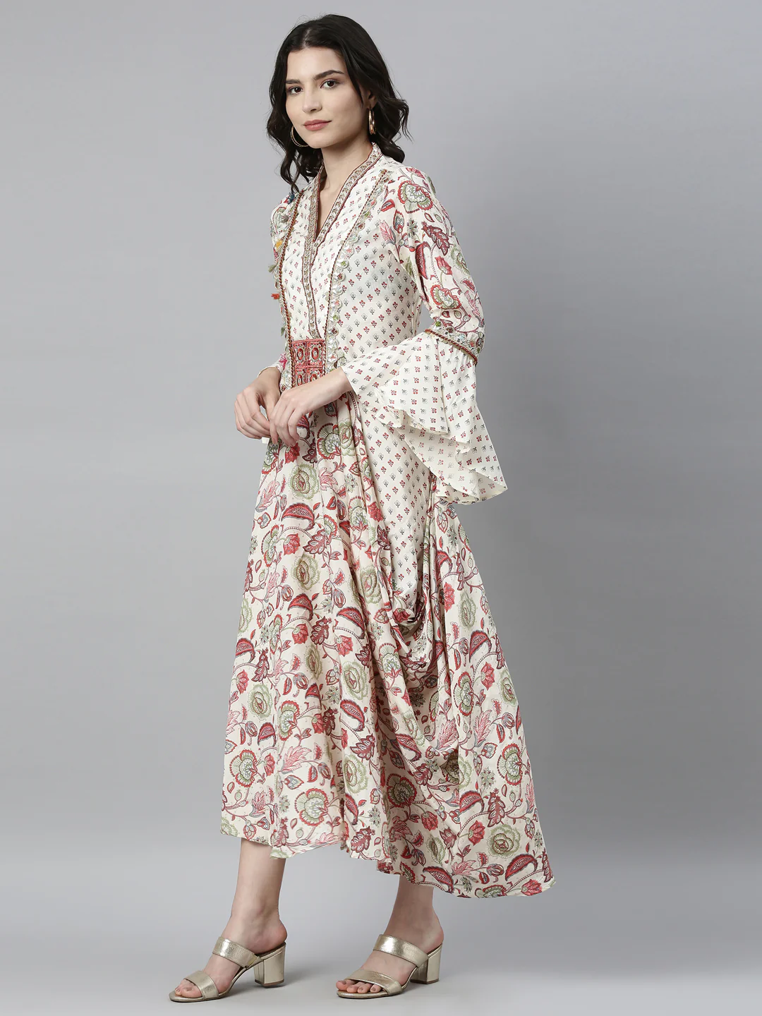 Neerus Cream Color Santoon Fabric Kurta - Image 3