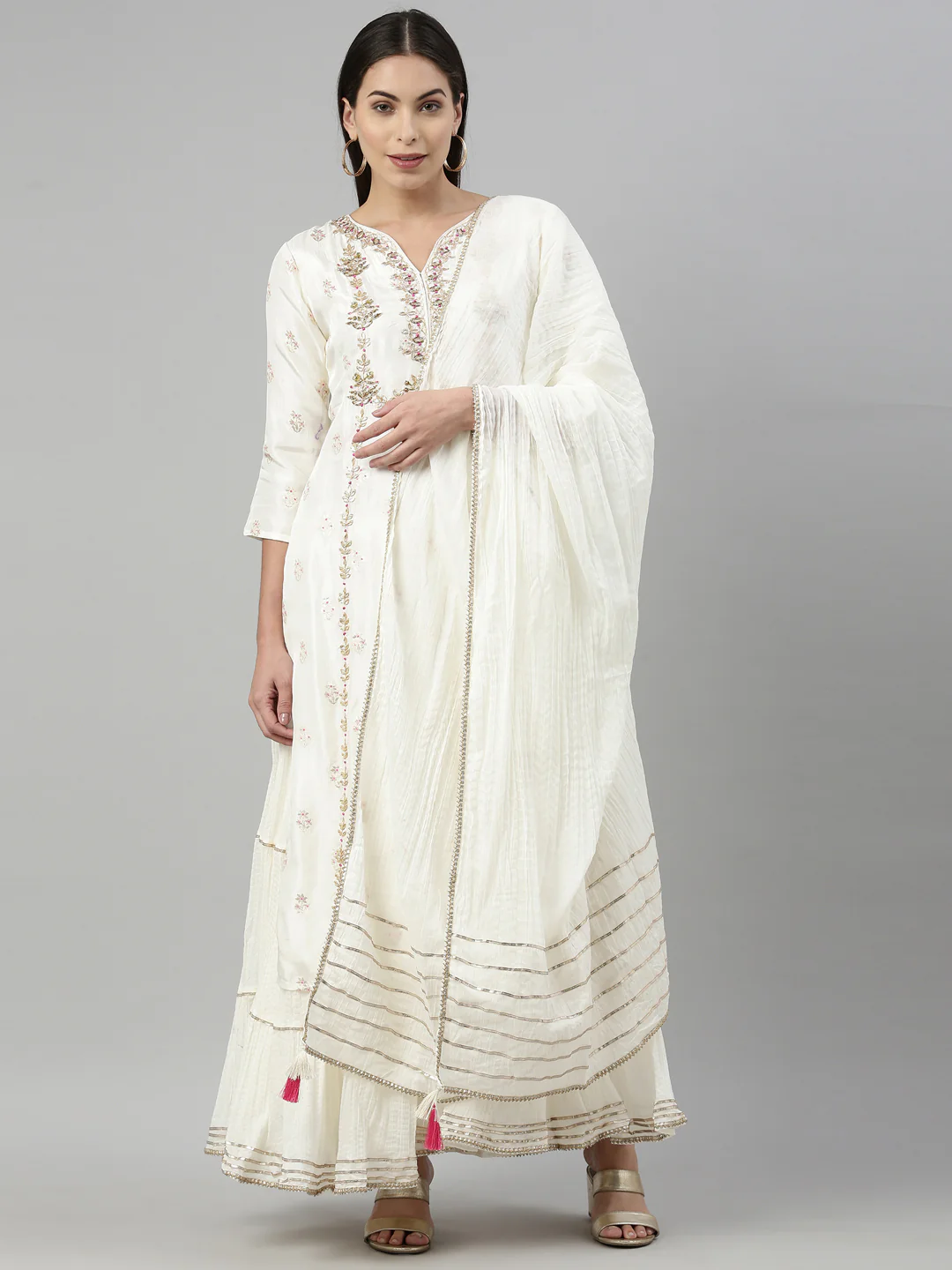 Neerus Cream Color Santoon Fabric Kurta With Dupatta