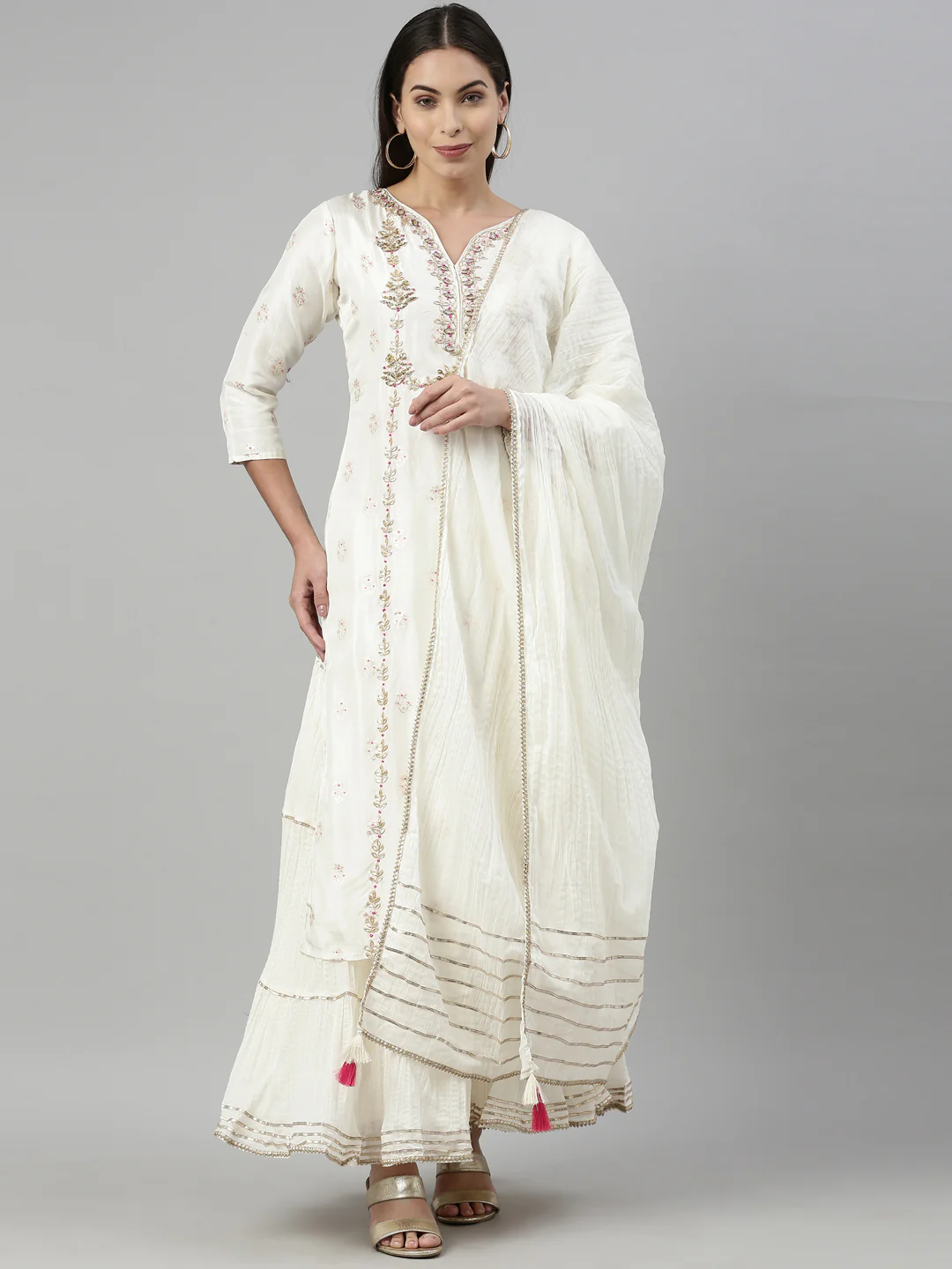 Neerus Cream Color Santoon Fabric Kurta With Dupatta - Image 6