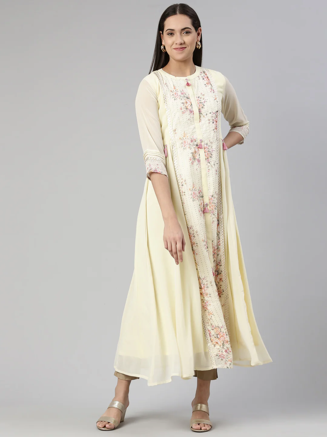 Neerus Cream-Coloured Floral Georgette Ethnic Maxi Maxi Dress - Image 5