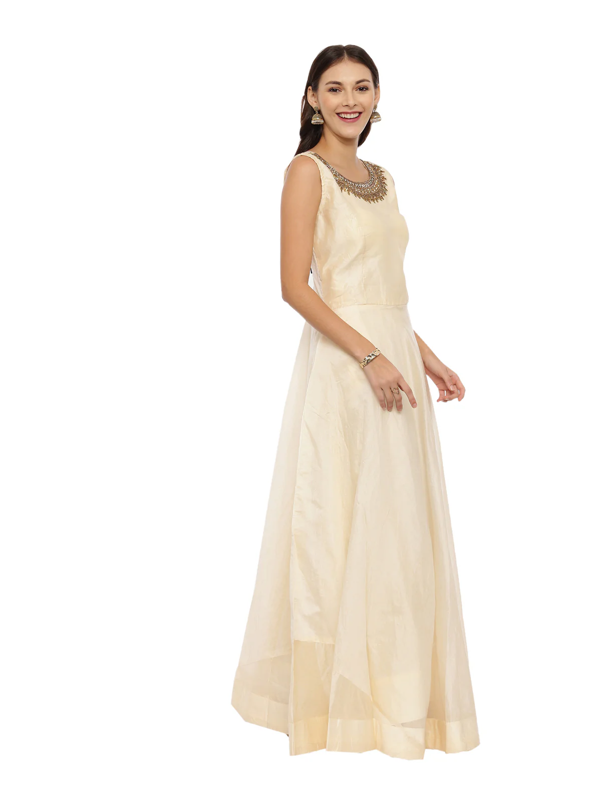 Neerus Cream Embellished Fit & Flare Kurta With Dupatta - Image 3