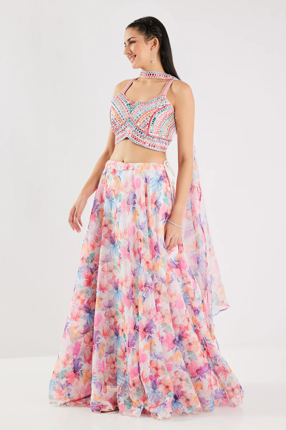 Neerus Cream Embellished Work Crepe Fabric Ghagra Set - Image 3