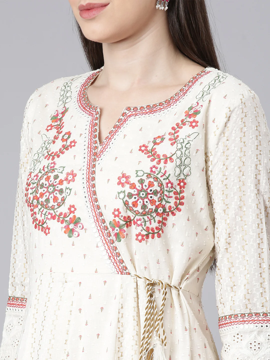 Neerus Cream Embroidered Anarkali Kurta and Trousers With Dupatta - Image 2