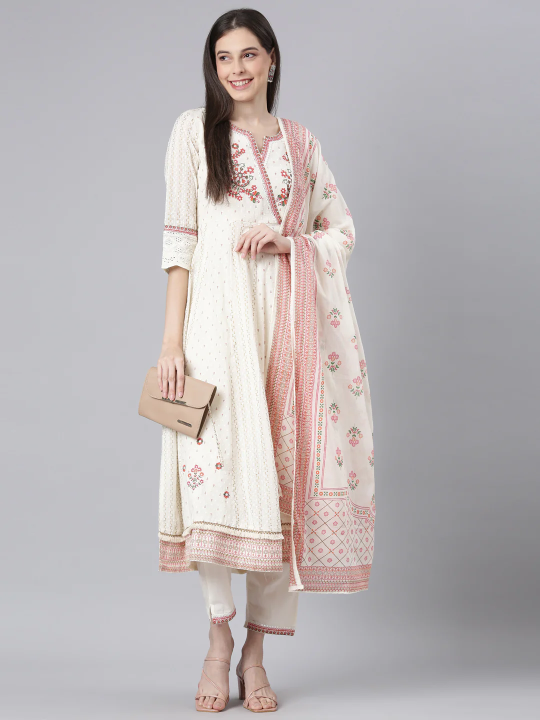 Neerus Cream Embroidered Anarkali Kurta and Trousers With Dupatta - Image 5