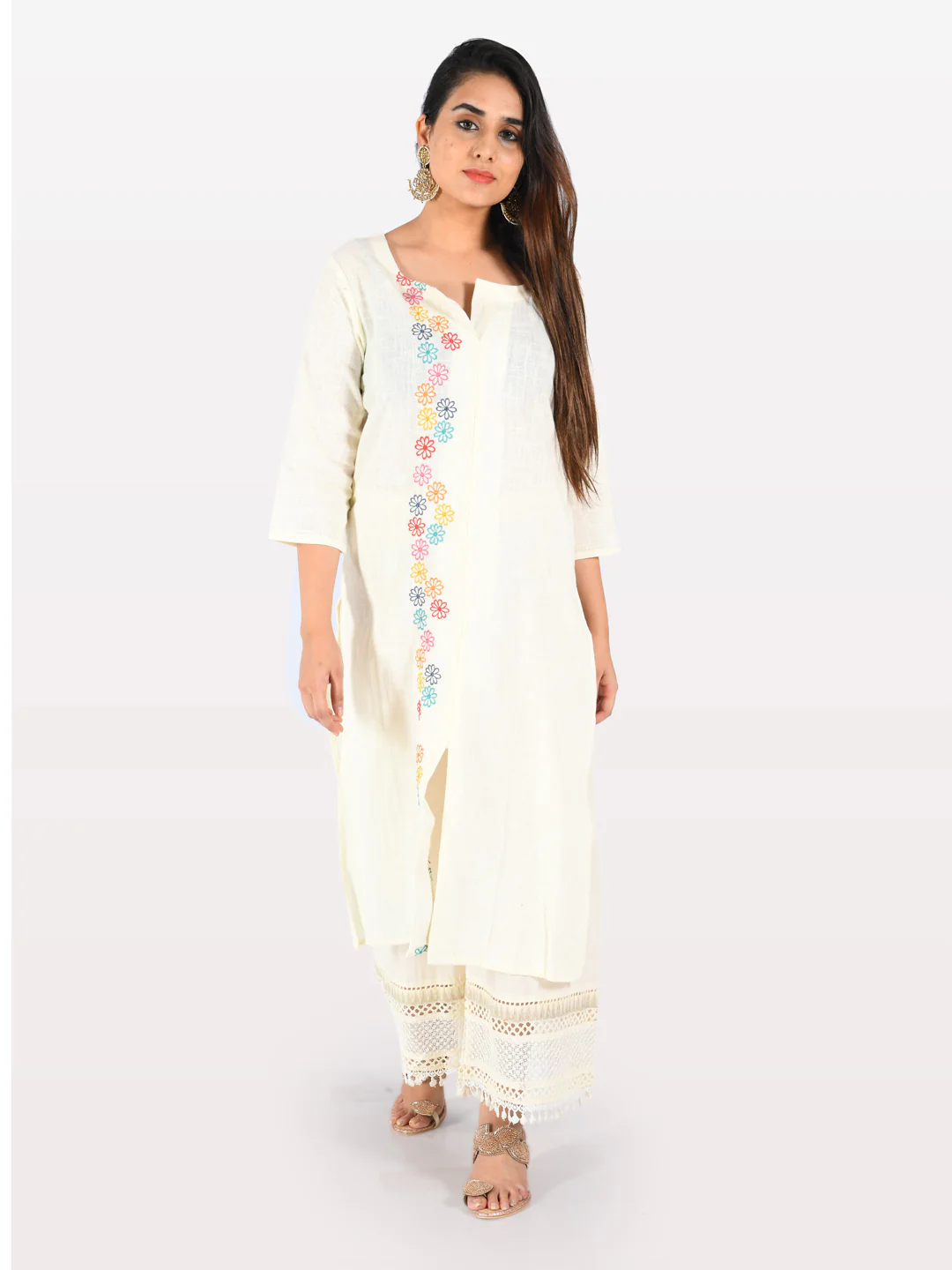 Neerus Cream Embroidered Round Neck Kurta - Image 8