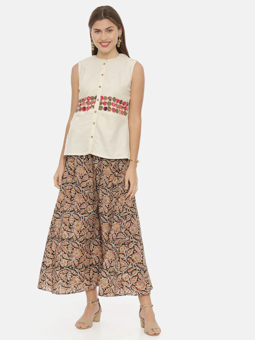 Neerus Cream Embroidered Top