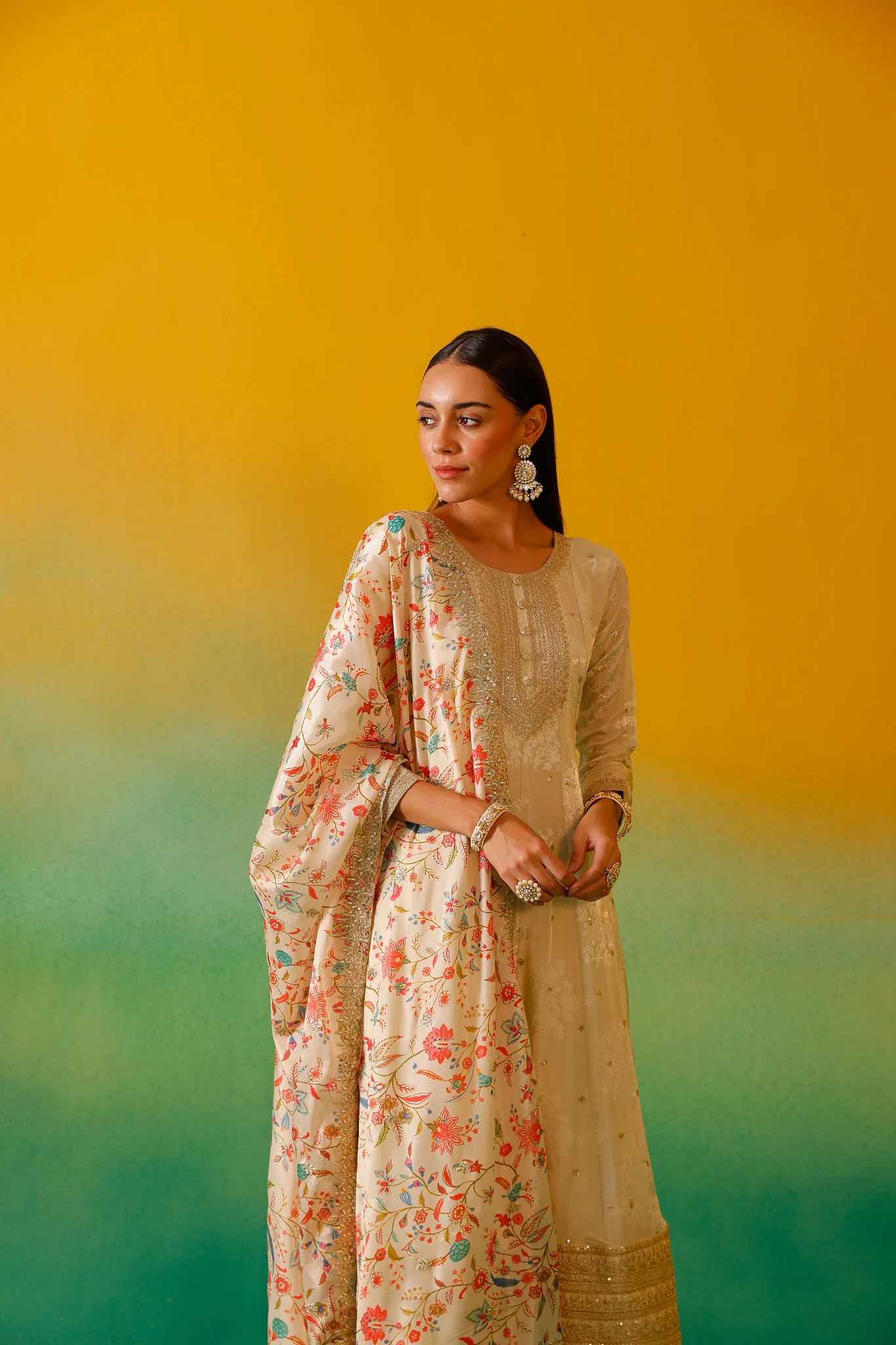 Neerus Cream Embroidery Tissue Fabric Anarkali Trouser and Dupatta - Image 10