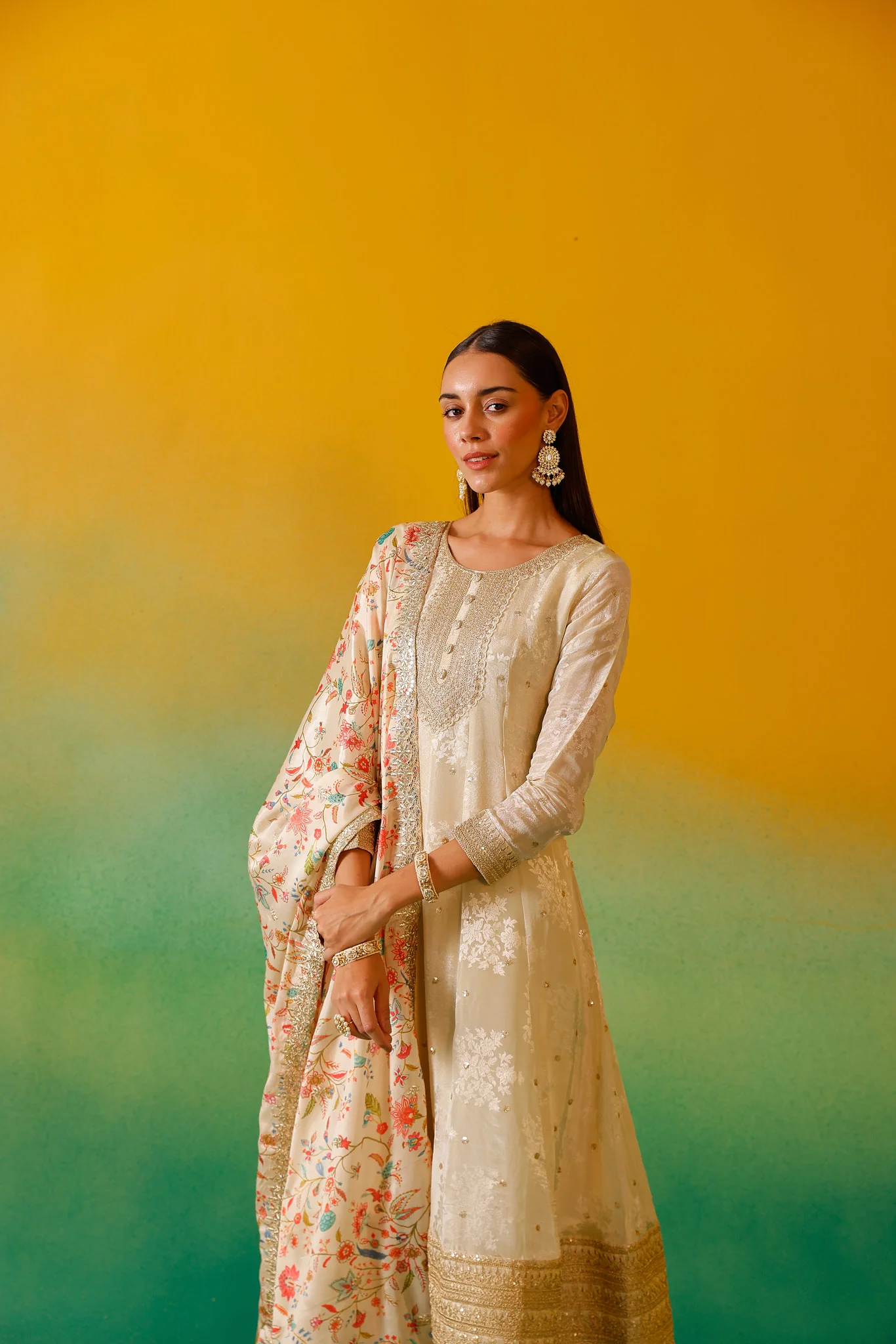 Neerus Cream Embroidery Tissue Fabric Anarkali Trouser and Dupatta - Image 11