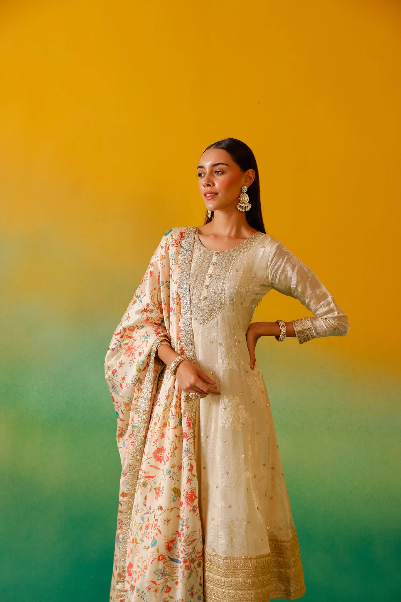 Neerus Cream Embroidery Tissue Fabric Anarkali Trouser and Dupatta - Image 14