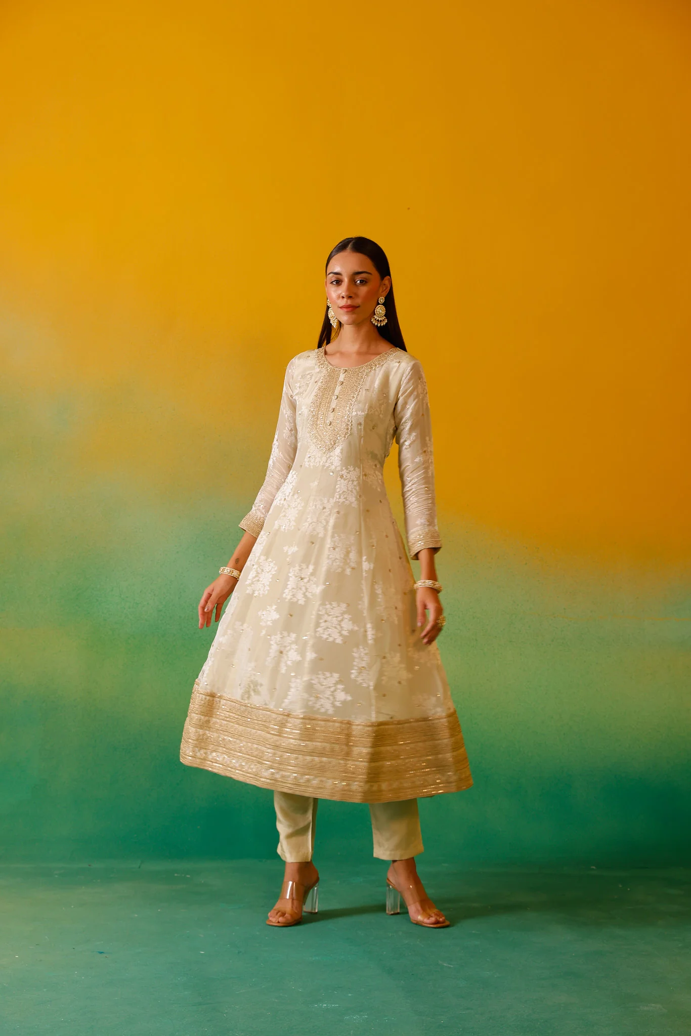 Neerus Cream Embroidery Tissue Fabric Anarkali Trouser and Dupatta - Image 15