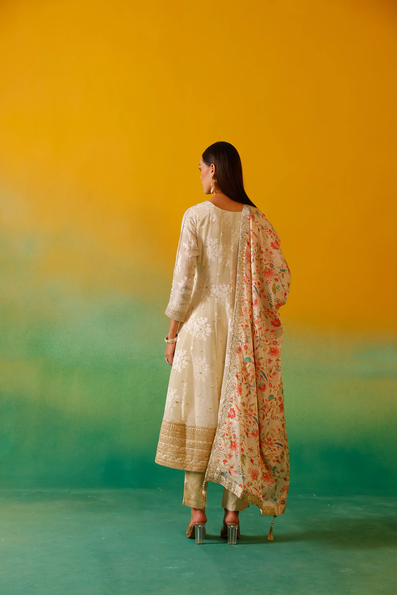 Neerus Cream Embroidery Tissue Fabric Anarkali Trouser and Dupatta - Image 16
