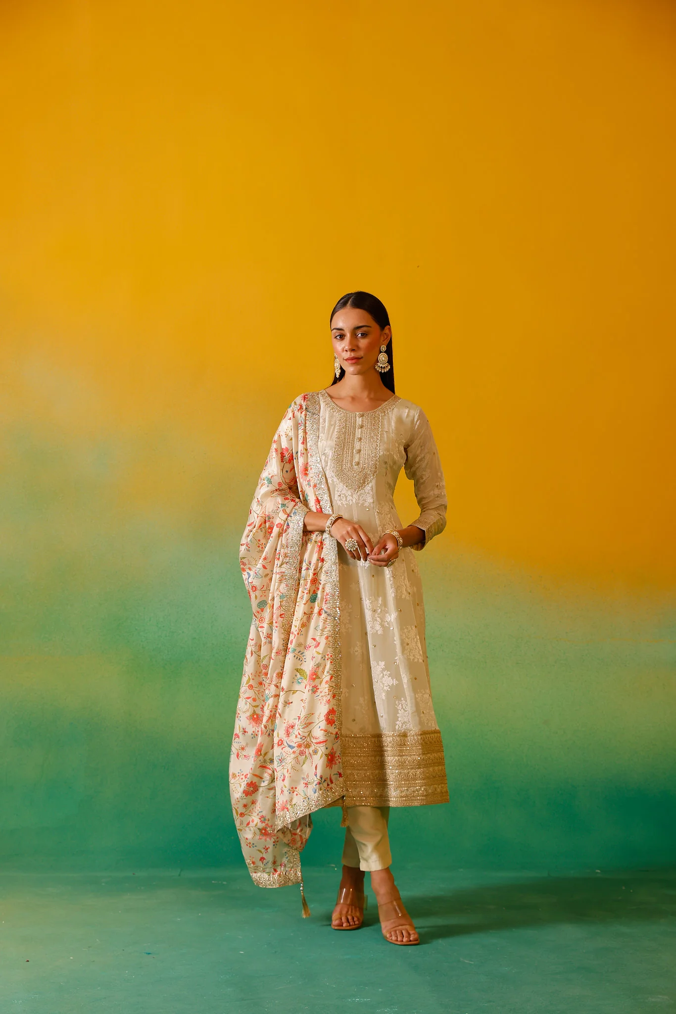 Neerus Cream Embroidery Tissue Fabric Anarkali Trouser and Dupatta - Image 2