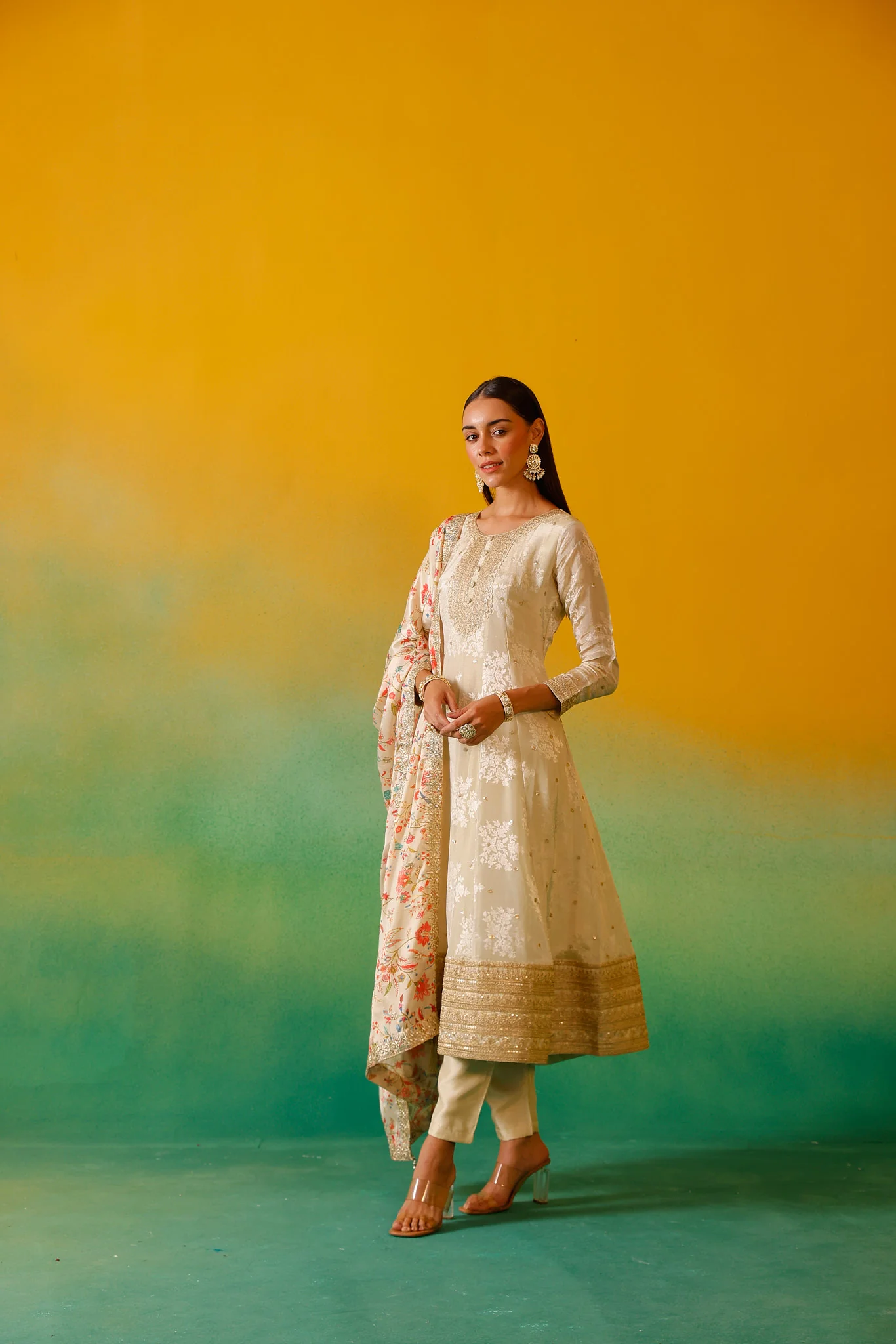 Neerus Cream Embroidery Tissue Fabric Anarkali Trouser and Dupatta - Image 4