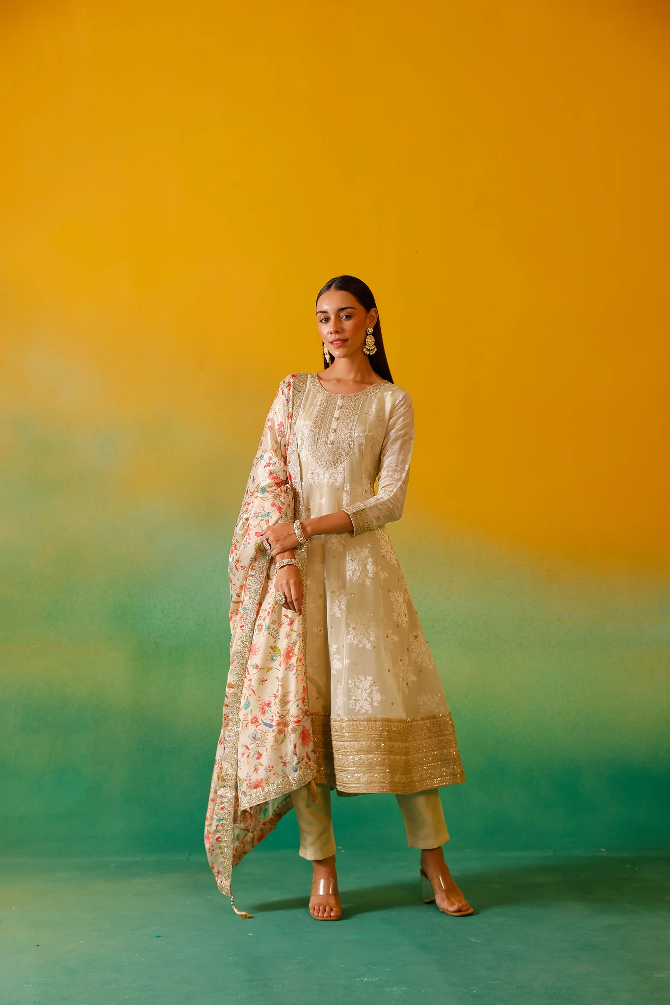 Neerus Cream Embroidery Tissue Fabric Anarkali Trouser and Dupatta - Image 5