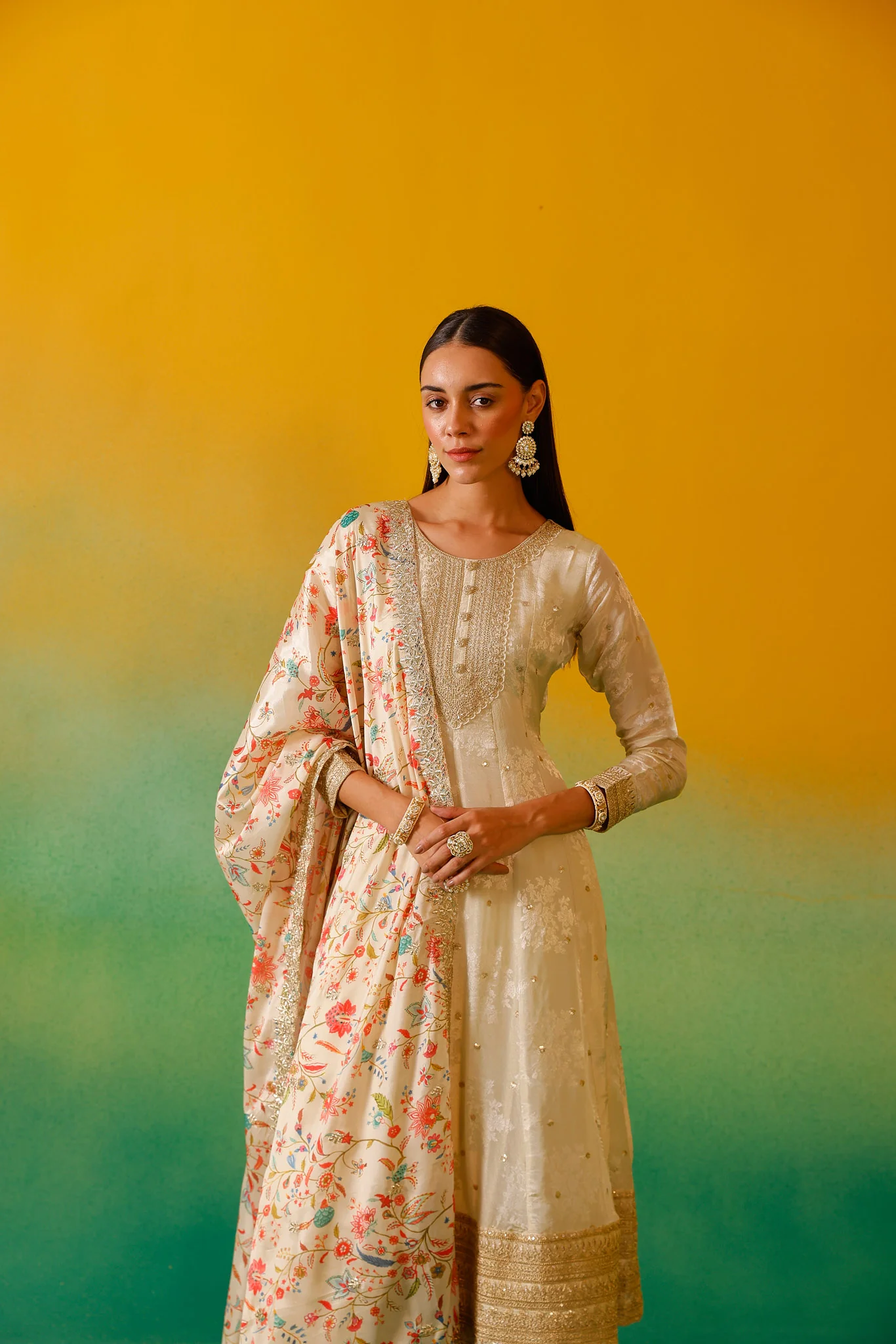 Neerus Cream Embroidery Tissue Fabric Anarkali Trouser and Dupatta - Image 6
