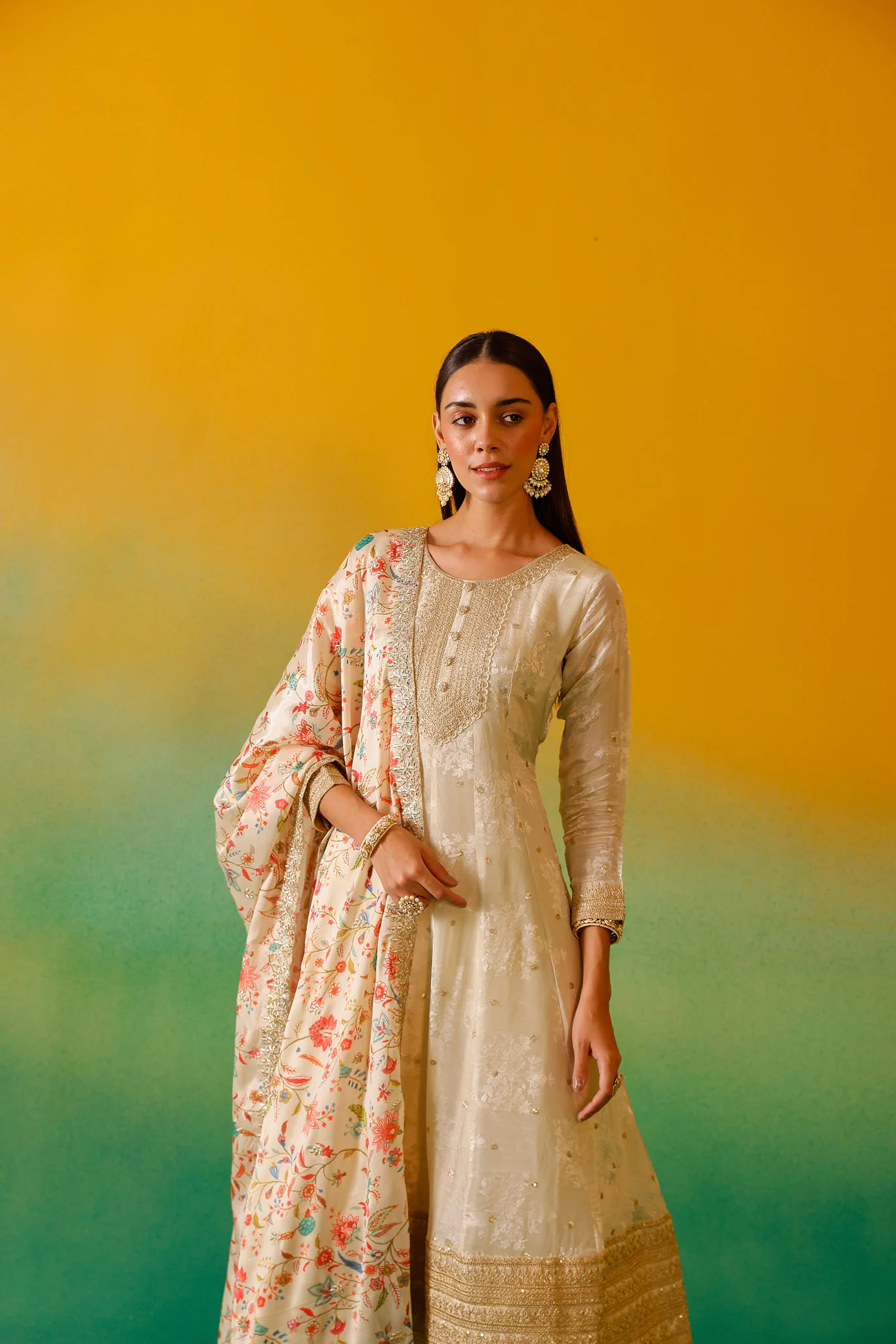 Neerus Cream Embroidery Tissue Fabric Anarkali Trouser and Dupatta - Image 7