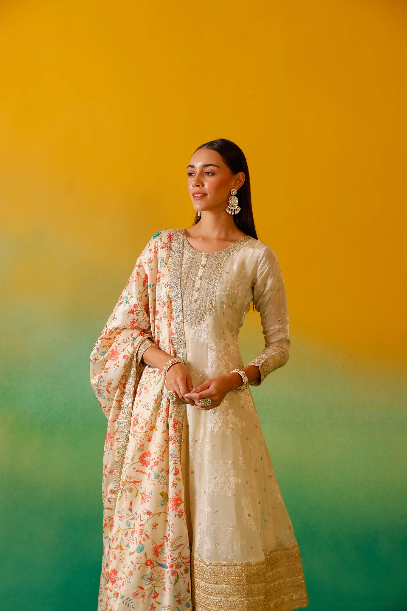 Neerus Cream Embroidery Tissue Fabric Anarkali Trouser and Dupatta - Image 8