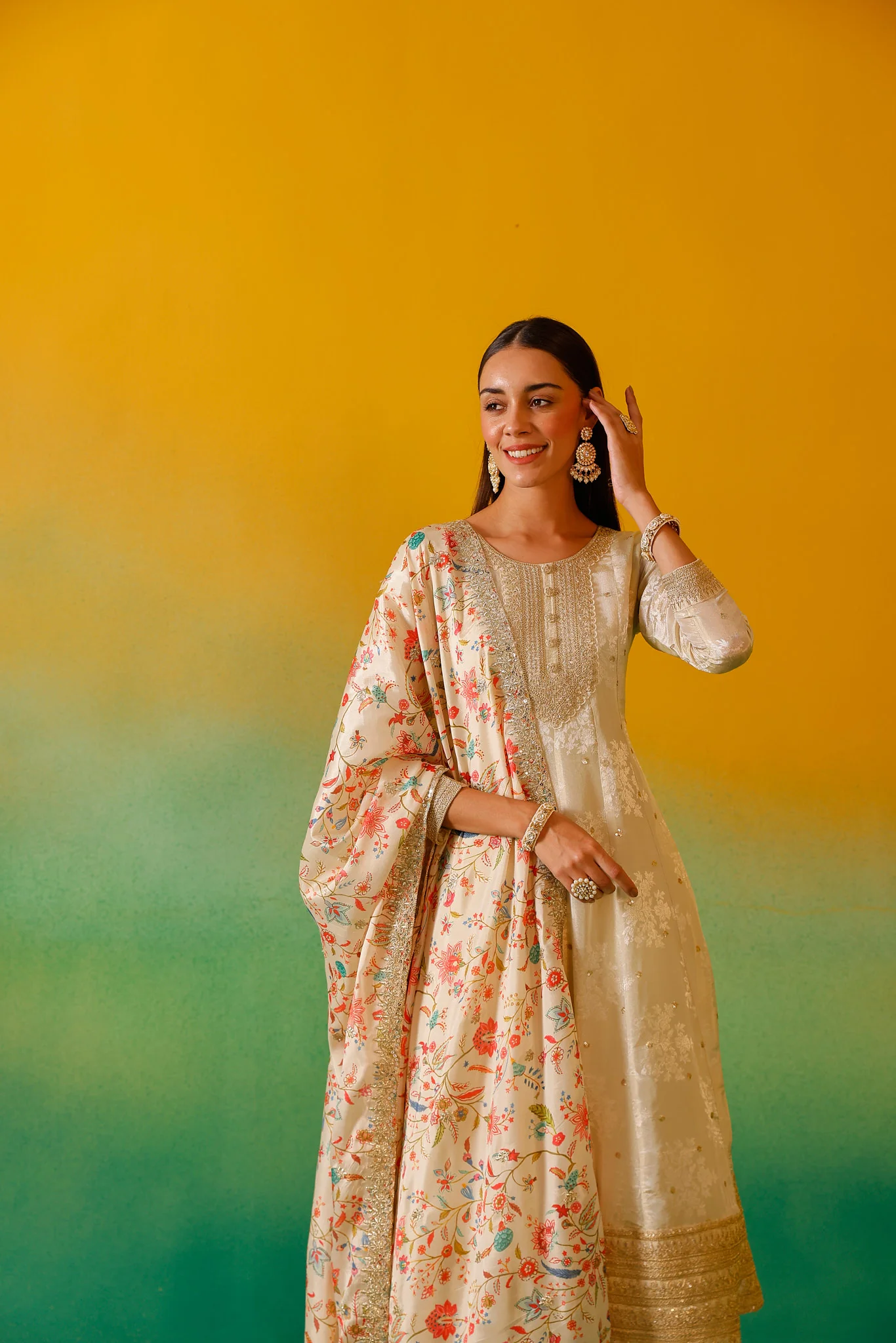 Neerus Cream Embroidery Tissue Fabric Anarkali Trouser and Dupatta - Image 9