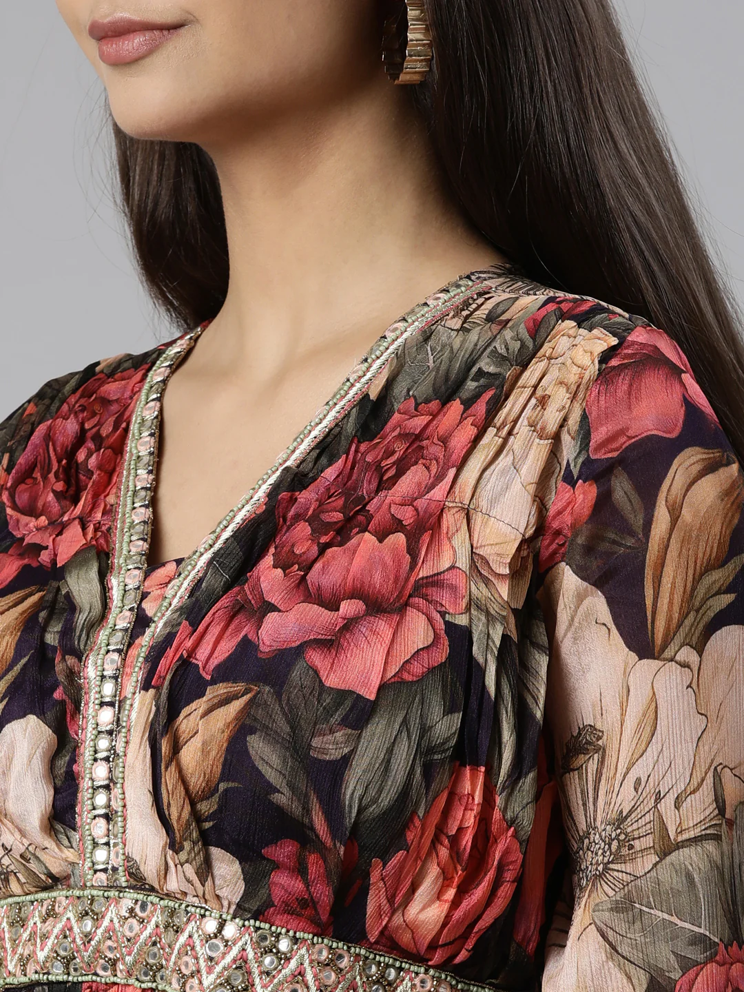 Neerus Cream Flared Casual Floral Dresses - Image 4