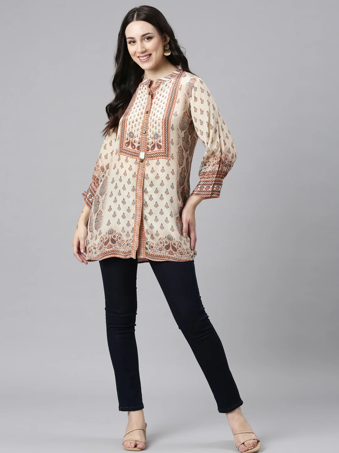 Neerus Cream High-Low Casual Printed Straight Kurtis - Image 5