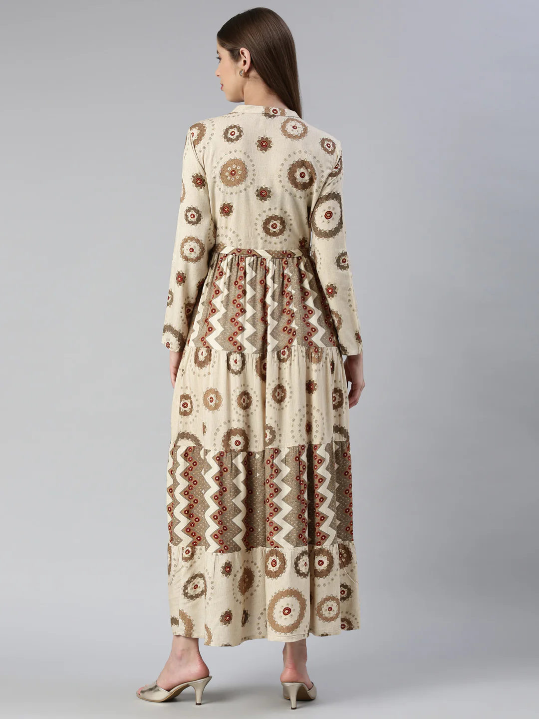 Neerus Cream Maxi Casual Printed Dresses - Image 3