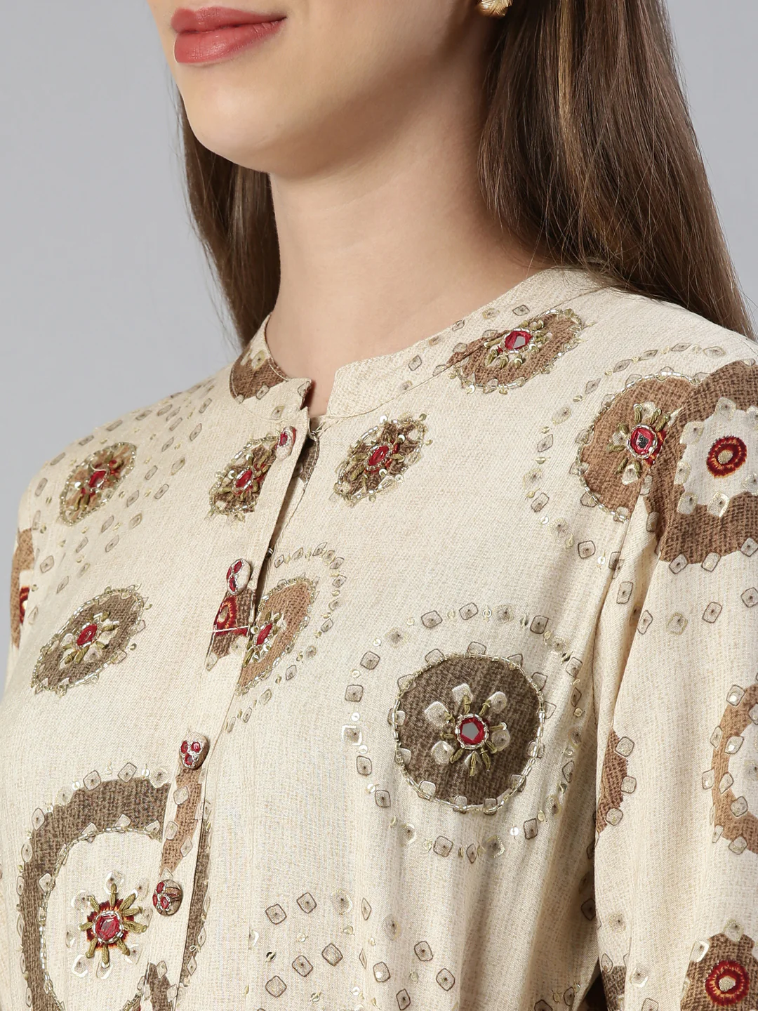 Neerus Cream Maxi Casual Printed Dresses - Image 4