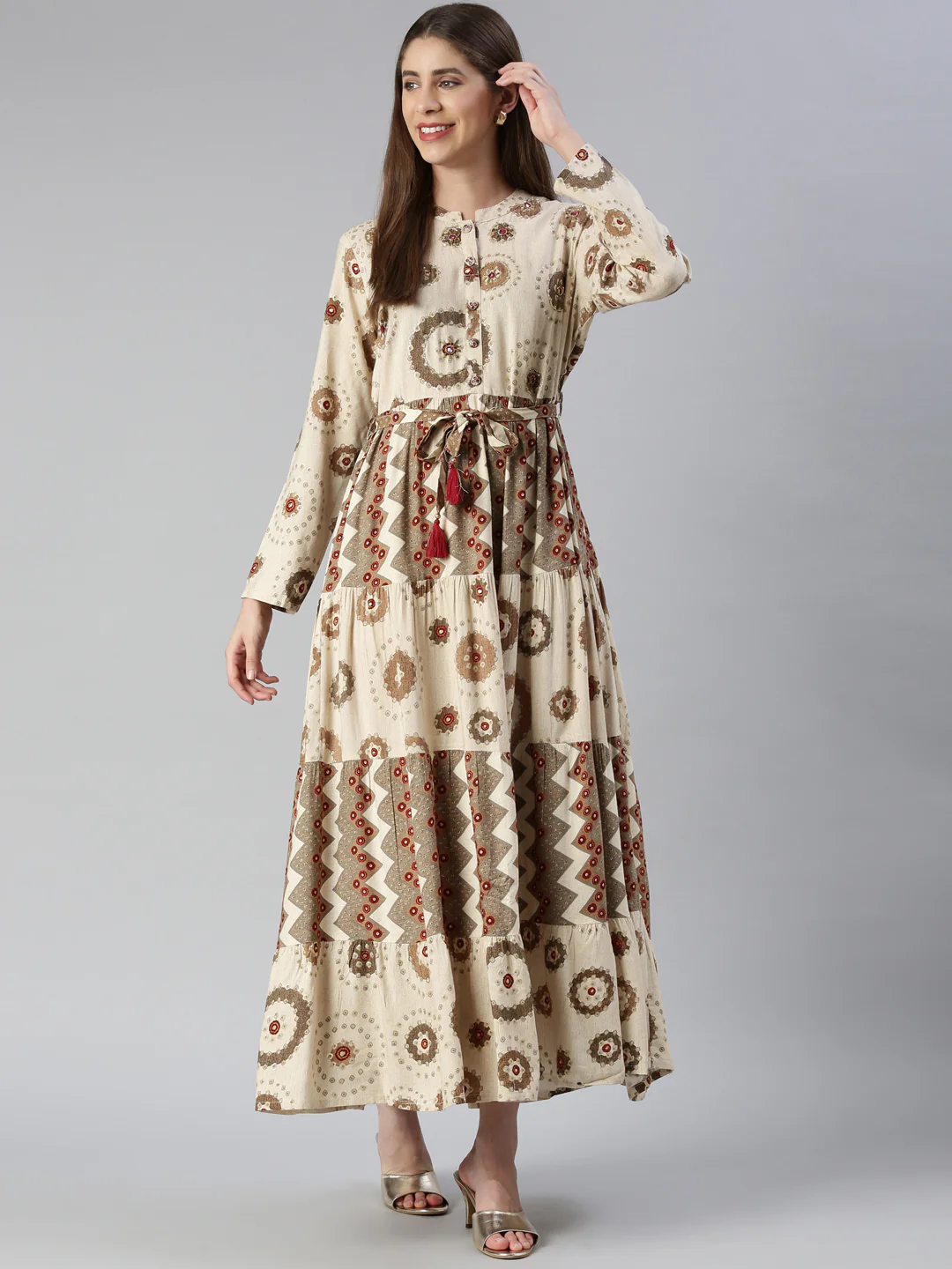 Neerus Cream Maxi Casual Printed Dresses - Image 5