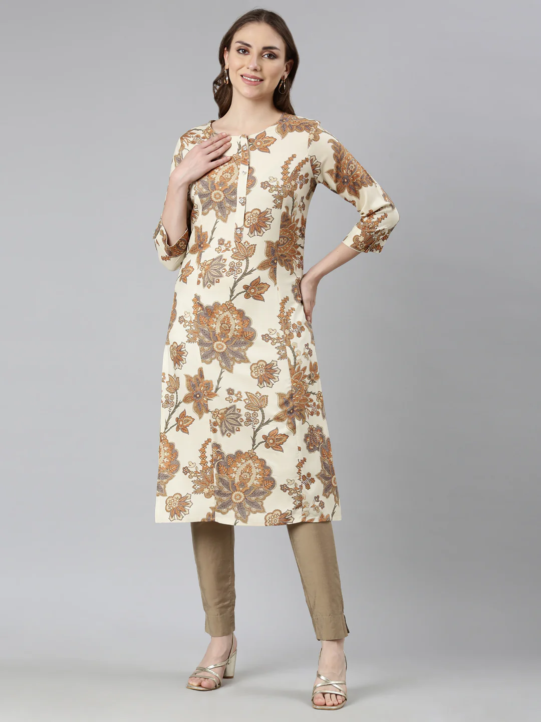 Neerus Cream Panelled Straight Floral Kurta