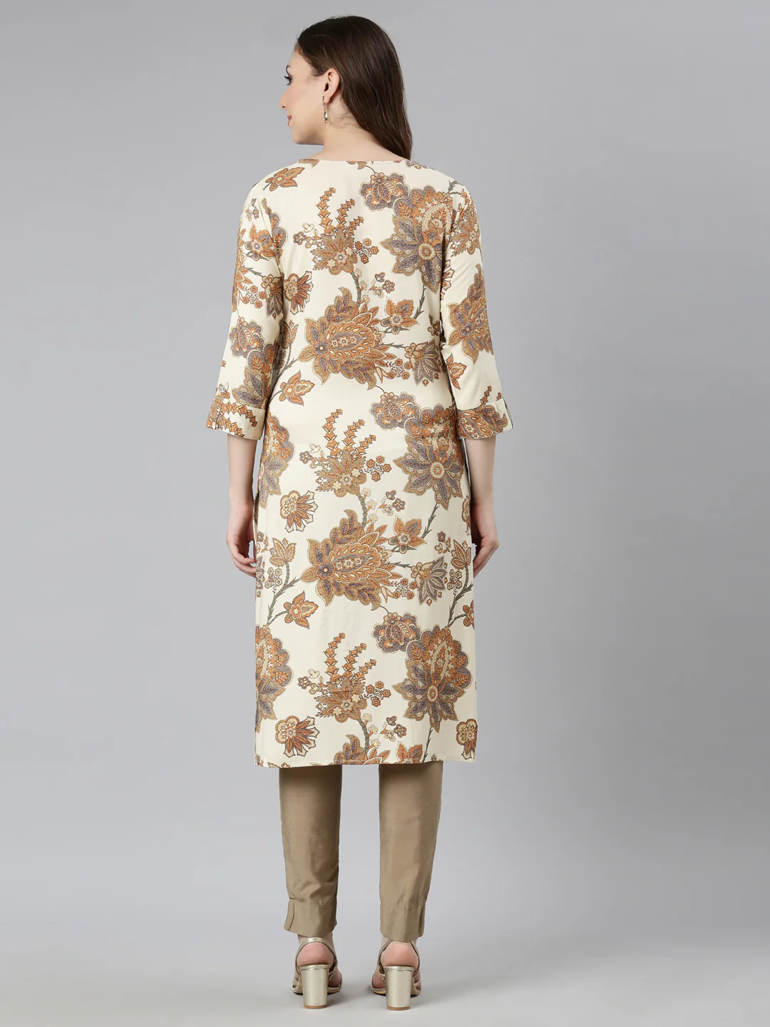 Neerus Cream Panelled Straight Floral Kurta - Image 3
