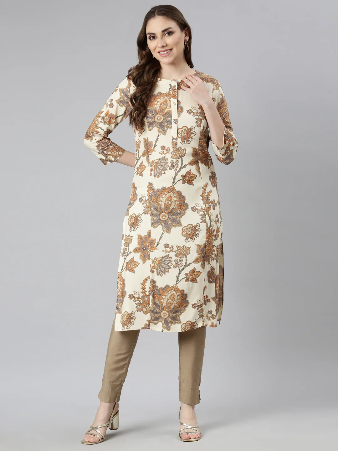 Neerus Cream Panelled Straight Floral Kurta - Image 4