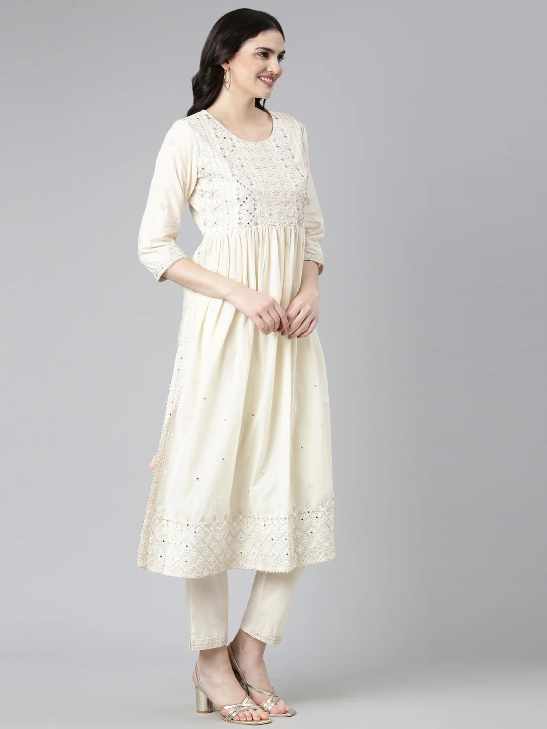 Neerus Cream Pleated Straight Embroidered Readymade suits - Image 2
