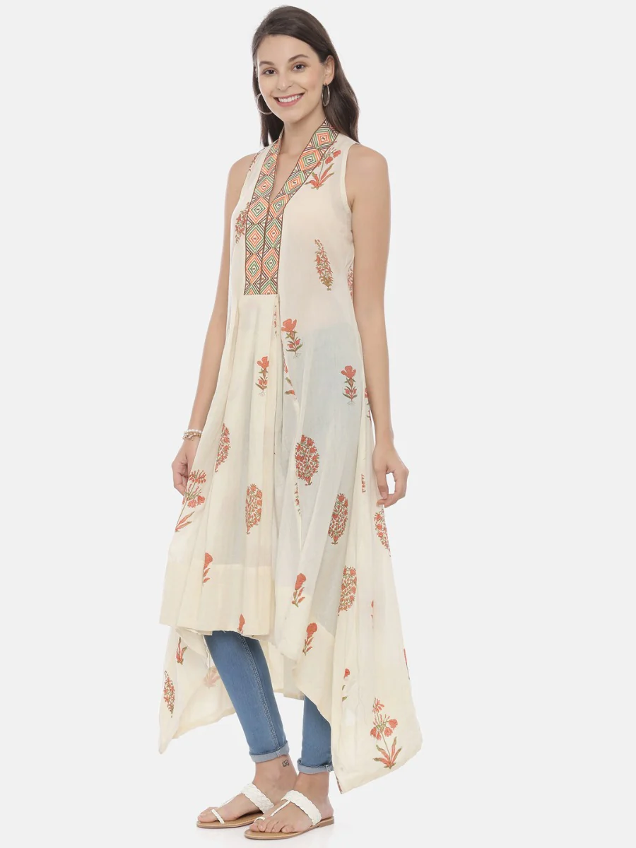 Neerus Cream Printed High Low Kurta - Image 3