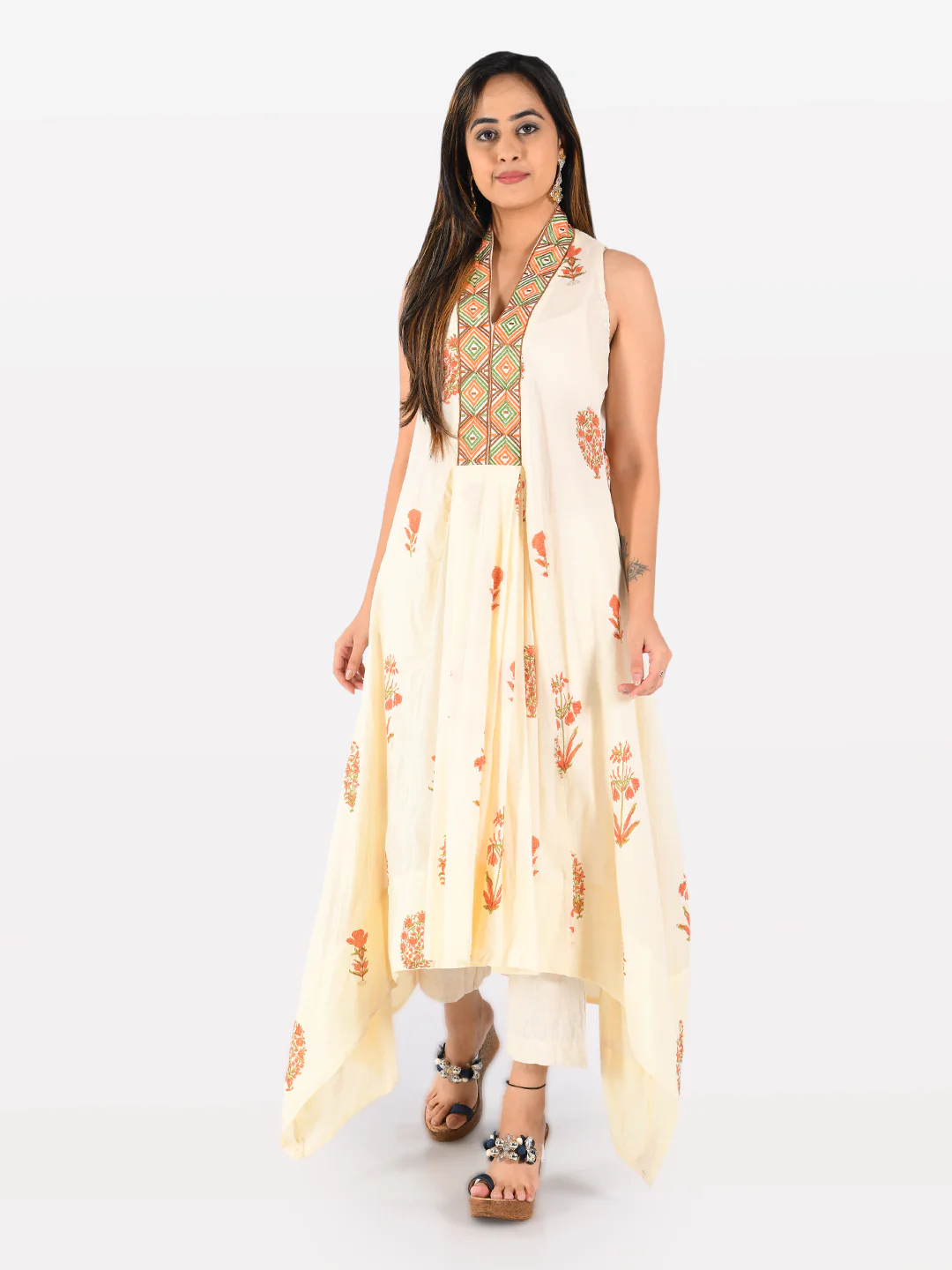 Neerus Cream Printed High Low Kurta - Image 7