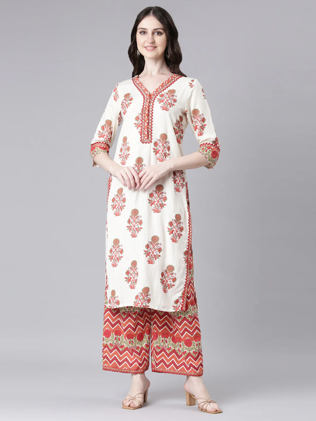 Neerus Cream Printed Straight Kurta and Palazzos