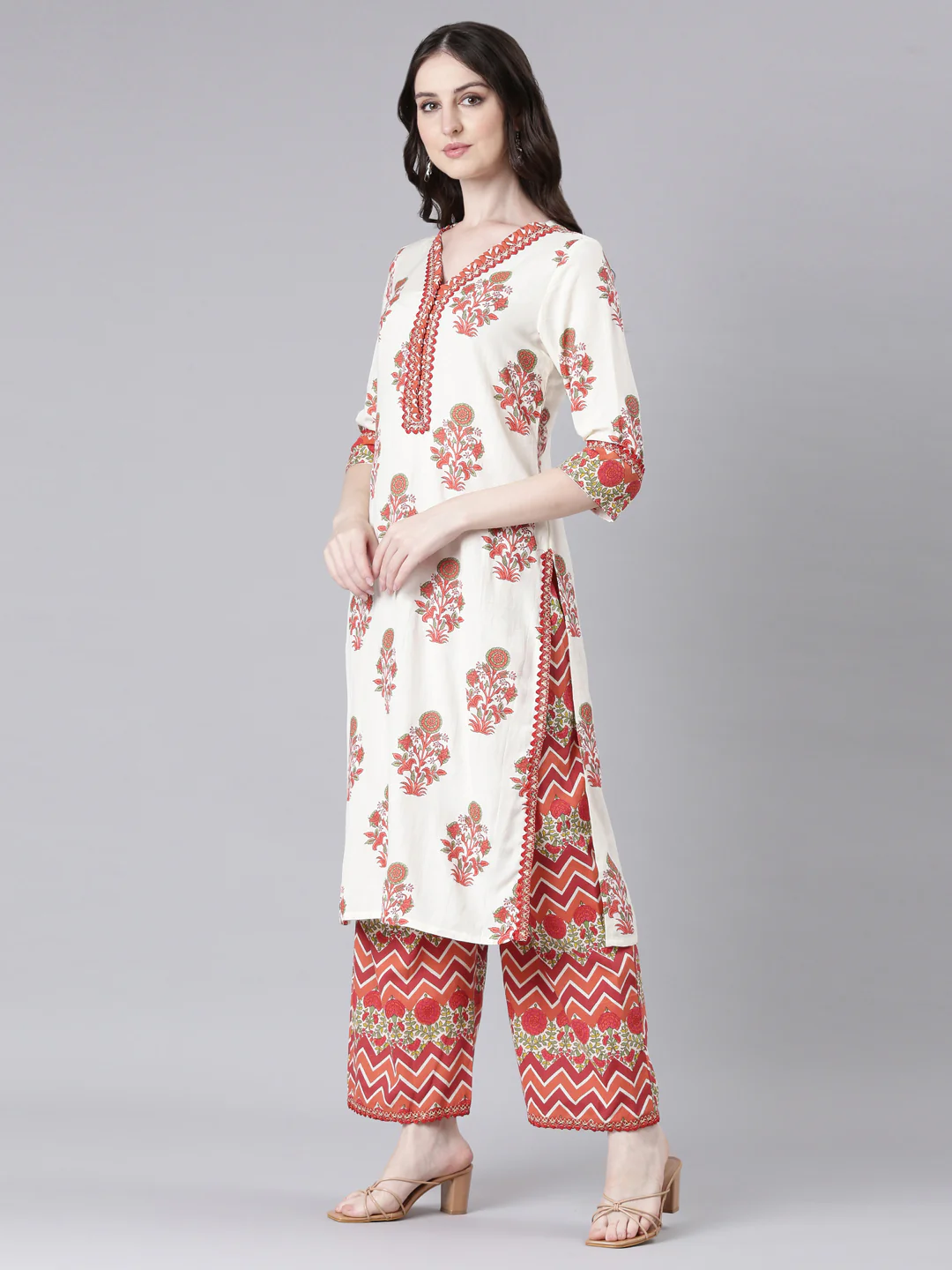Neerus Cream Printed Straight Kurta and Palazzos - Image 2