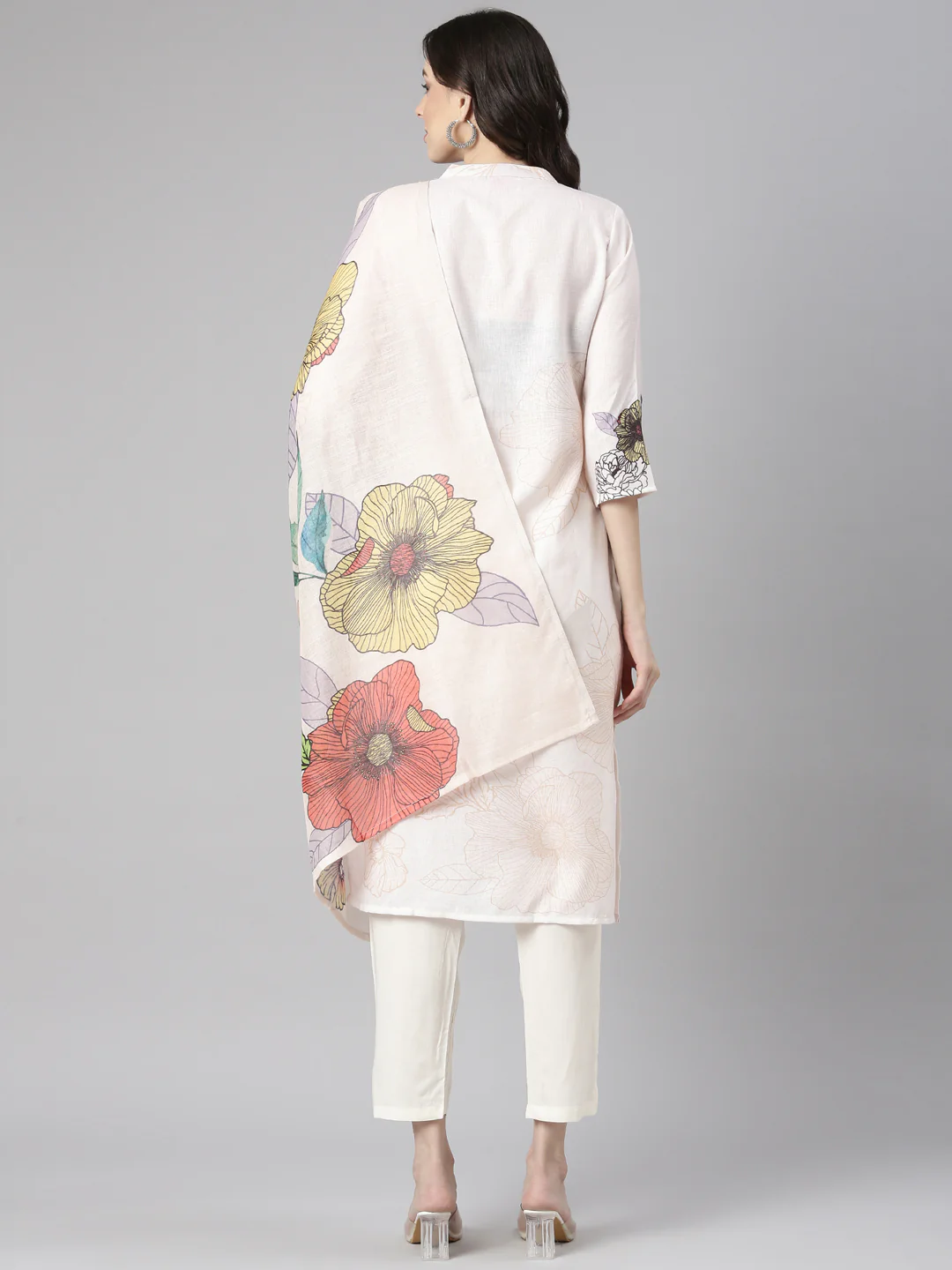 Neerus Cream Printed Straight Kurta and Trousers With Dupatta - Image 3