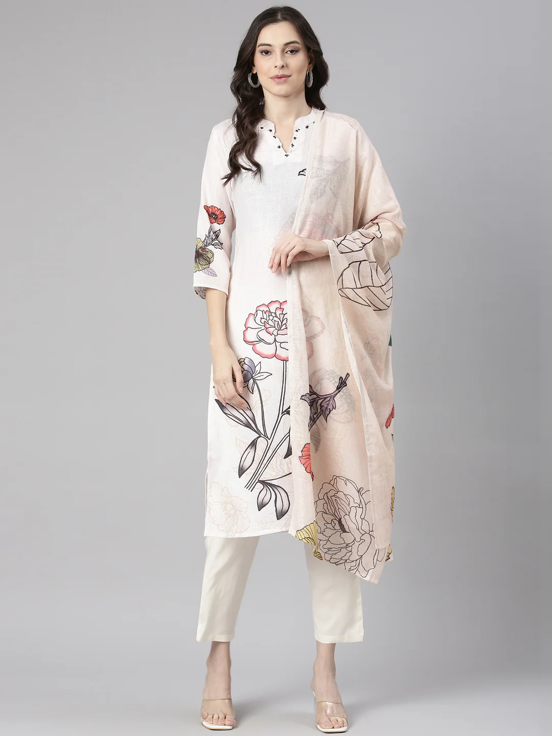 Neerus Cream Printed Straight Kurta and Trousers With Dupatta - Image 5