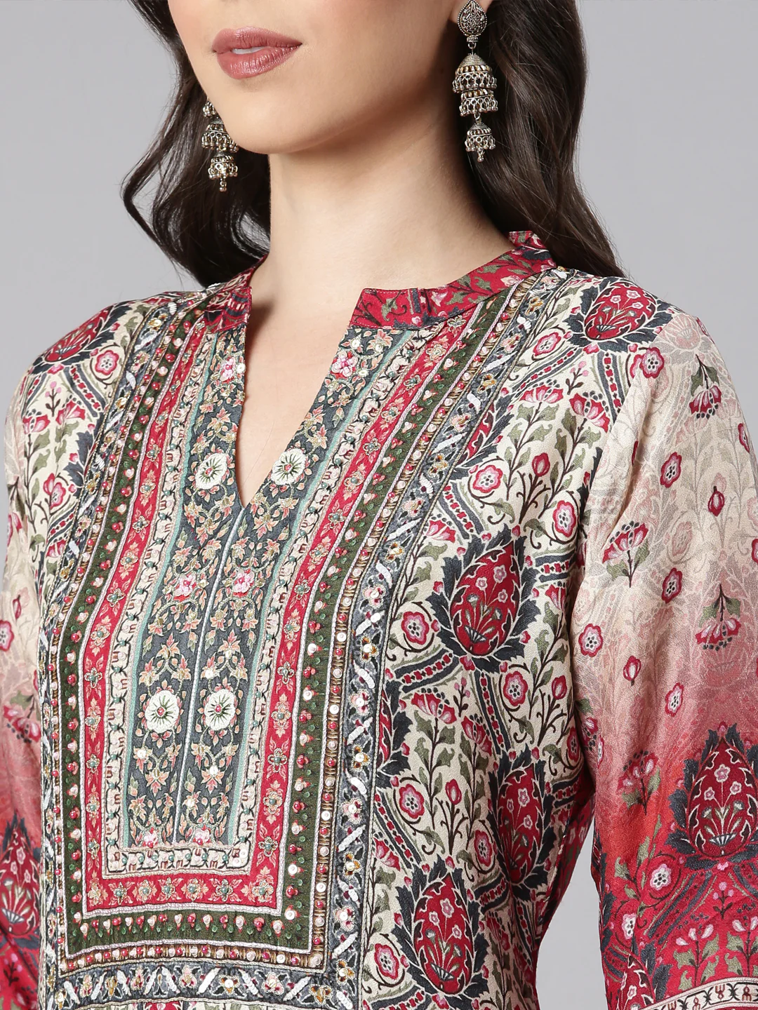 Neerus Cream Printed Straight Kurta and Trousers With Dupatta - Image 4