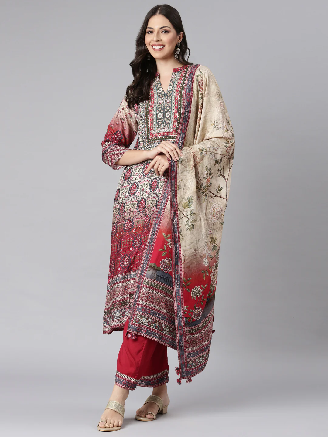 Neerus Cream Printed Straight Kurta and Trousers With Dupatta - Image 5