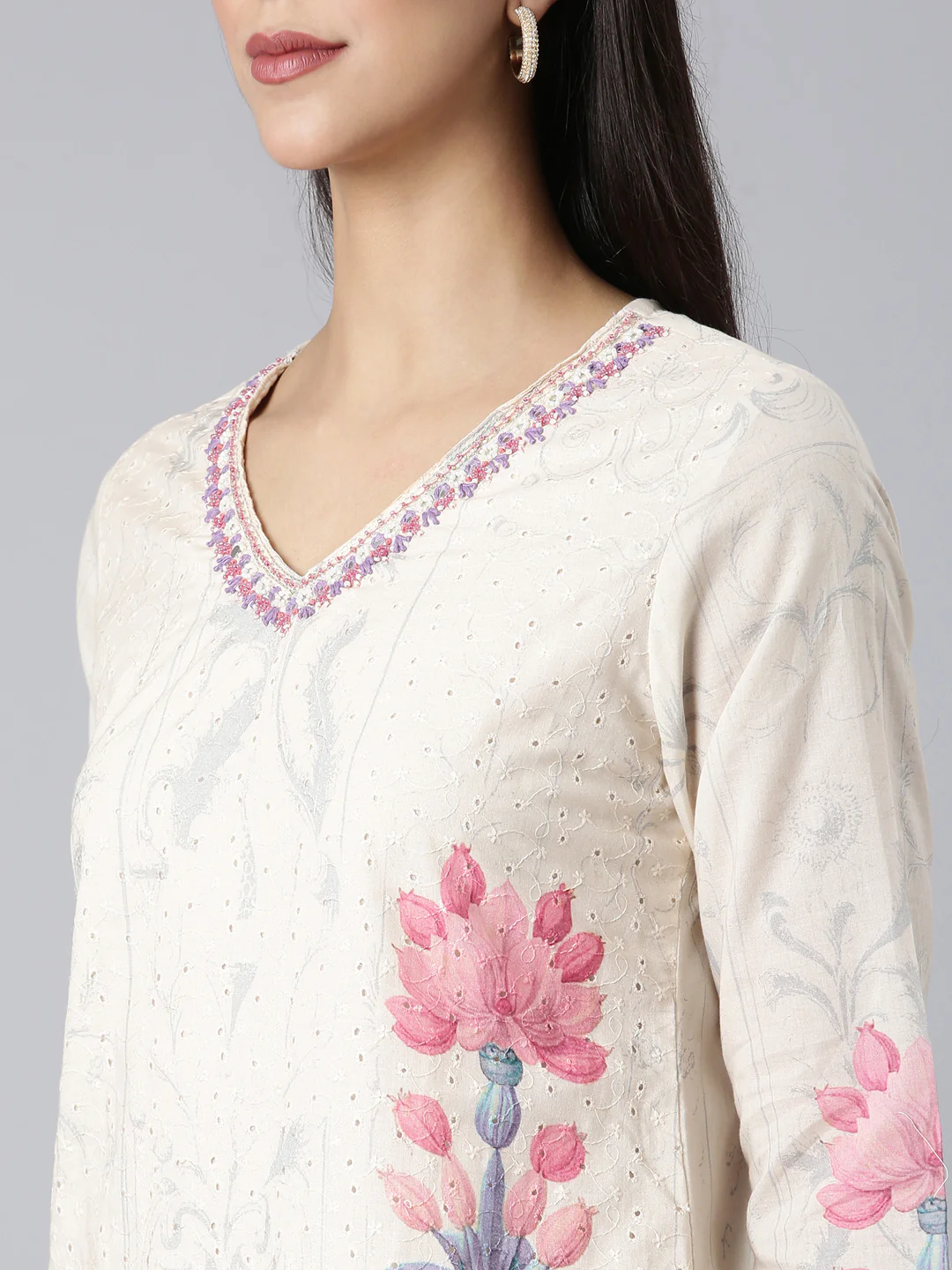 Neerus Cream Printed Straight Kurta and Trousers With Dupatta - Image 3