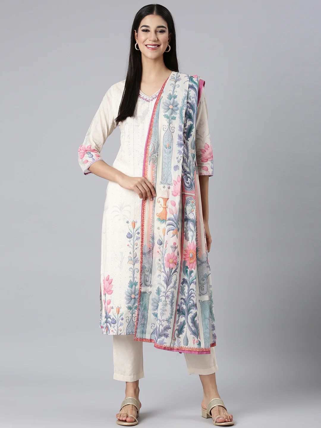 Neerus Cream Printed Straight Kurta and Trousers With Dupatta - Image 5