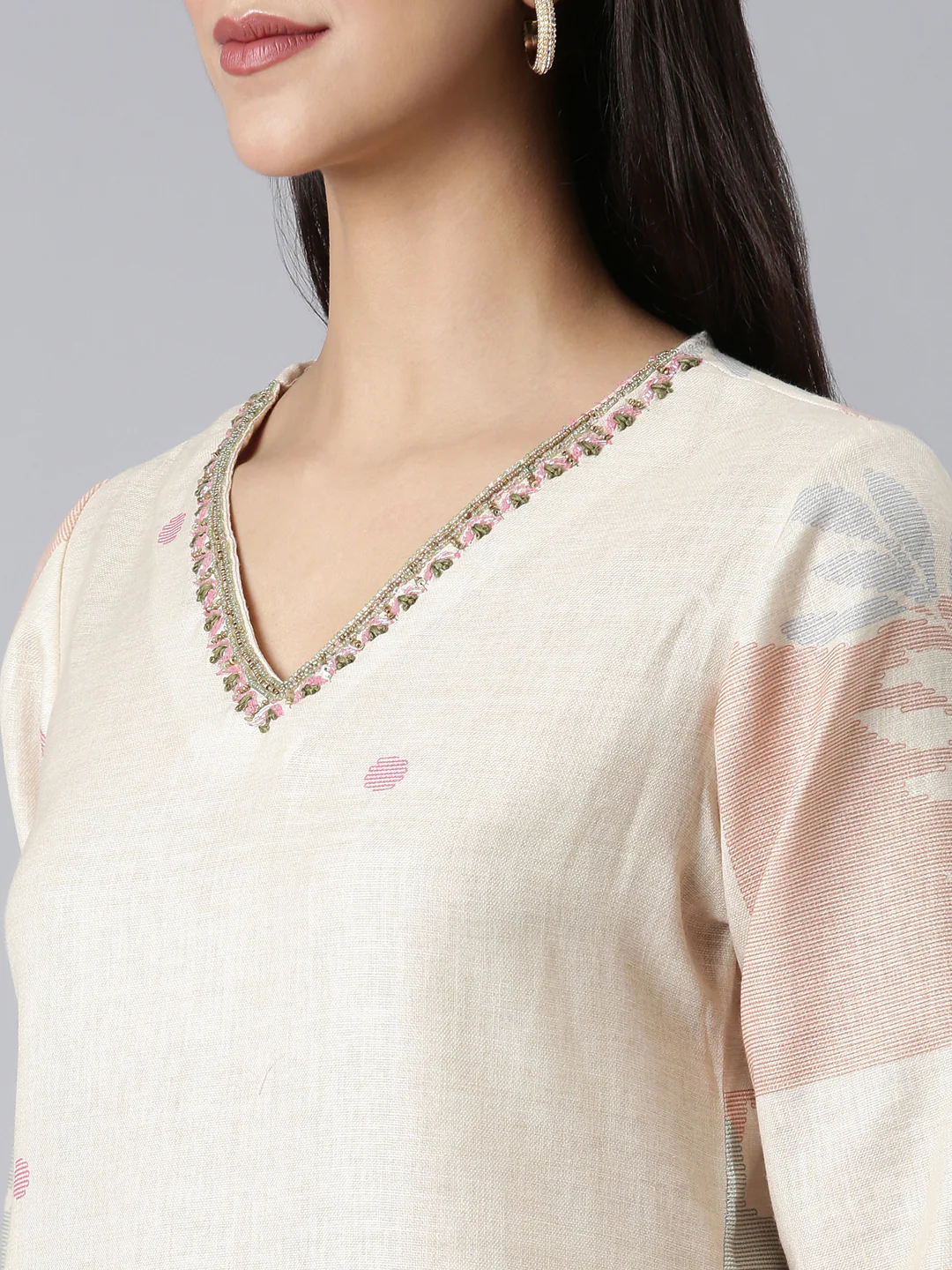 Neerus Cream Printed Straight Kurta and Trousers With Dupatta - Image 4