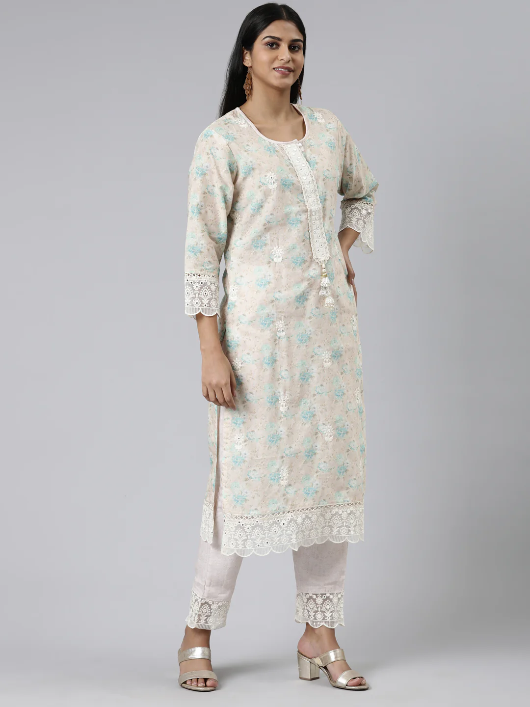 Neerus Cream Regular Calf Length Printed Kurta Solid Trousers With Dupatta - Image 2
