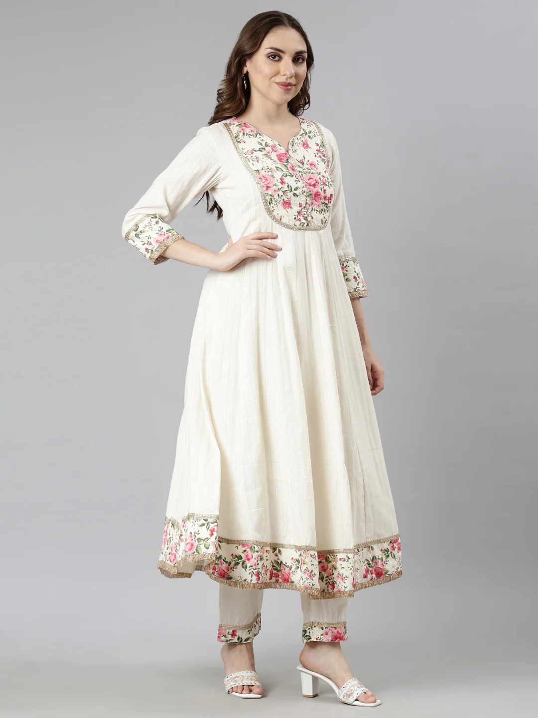 Neerus Cream Regular Flared Solid Kurta And  Trousers With Dupatta - Image 2