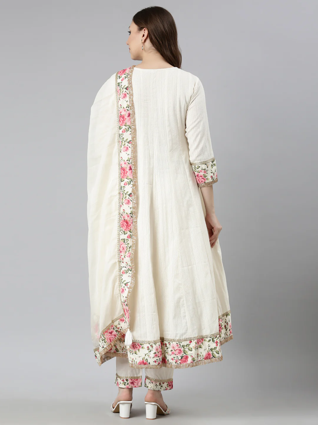 Neerus Cream Regular Flared Solid Kurta And  Trousers With Dupatta - Image 3